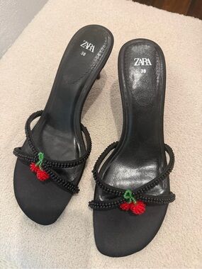Zara Black Beaded Cherry Slip-On Heels